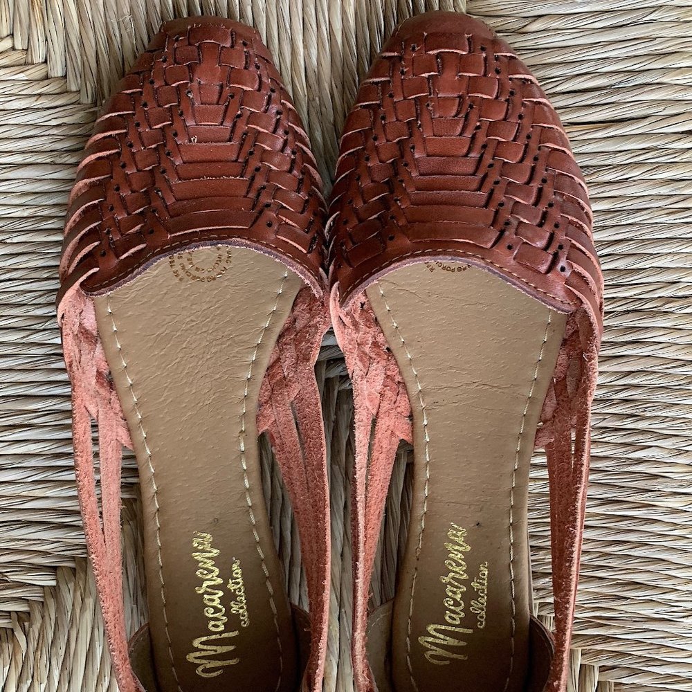 Mexican Macarena Huarache Woven Leather Brown Cognac Sandals Flats Size 7